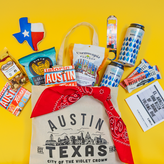 Austin, Texas themed amenity gift bag filled with local treats. Featuring Austinuts, Siete, Cornucopia, Richard's Rainwater, el Arroyo, Thunderbird, South Austin Gallery, and more! Custom branding, local pickup/delivery, and hotel drops available for bulk orders. 