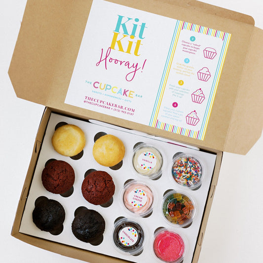 Cupcake Kit for pickup and delivery in Austin and nationwide shipping. Contains 6 cupcakes, 3 frostings, and 3 sprinkles.