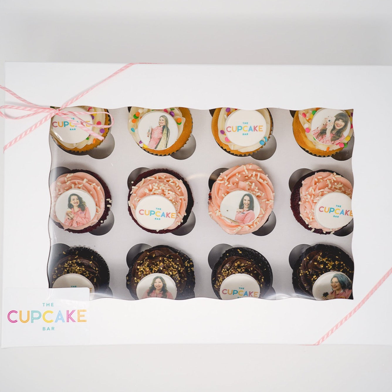 Pack of 12 cupcakes with Custom fondant cupcake toppers, available for pickup and delivery in Austin, Texas.