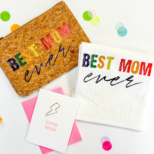 Includes 6”x9” “Best Mom Ever” cork cosmetic zip pouch; “Super Mom” lightning bolt paper clip card (FREE personalization available!); “Best Mom Ever” inspirational 100% cotton tea towel.
